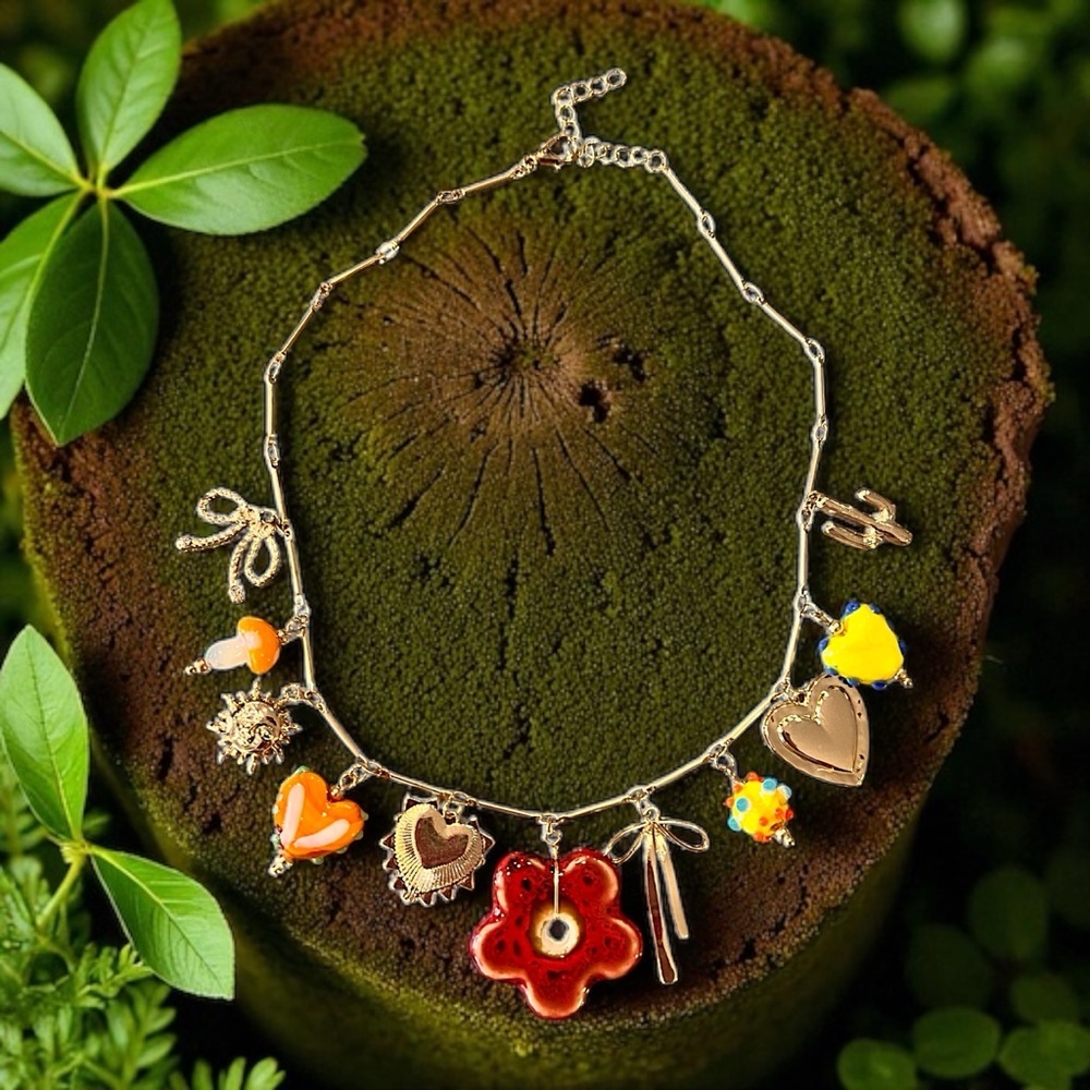 Vibrant Gold Toned Autumn inspired charm necklace Glass Ceramic Enamel charms - Picture 15 of 17
